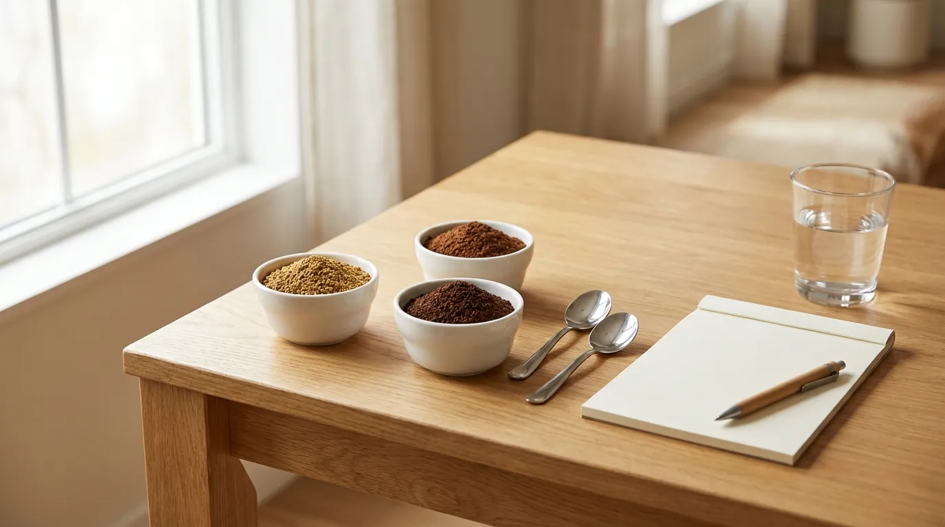 Domowy cupping — trzy kawy, łyżki, notatnik